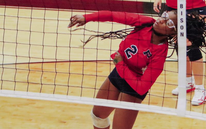 Striker Brysen Pearson (2) sends a strike back over the net against the Lady Tigers. LANCE McCURLEY