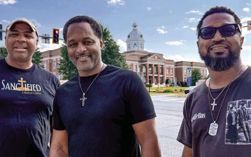 L-R: Indy Brennan, marketing director for “Sanctified,” was joined by writer, director and producer Javon Johnson, and Jarvis Wingfield, who stars in the show making its debut this Saturday night in Eatonton. IAN TOCHER/Staff