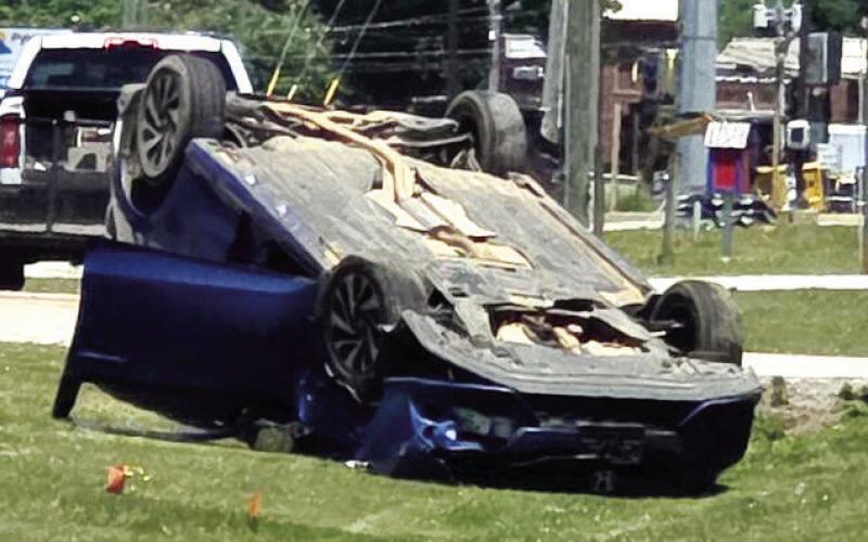 The 2019 Honda Civic driven by Austyn Cutler ended up on its roof after a collision with a Jeep Wrangler. VIA SOCIAL MEDIA
