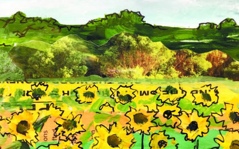A close up of Mason’s mixed media piece of sunflowers combining painting with a collage. CONTRIBUTED