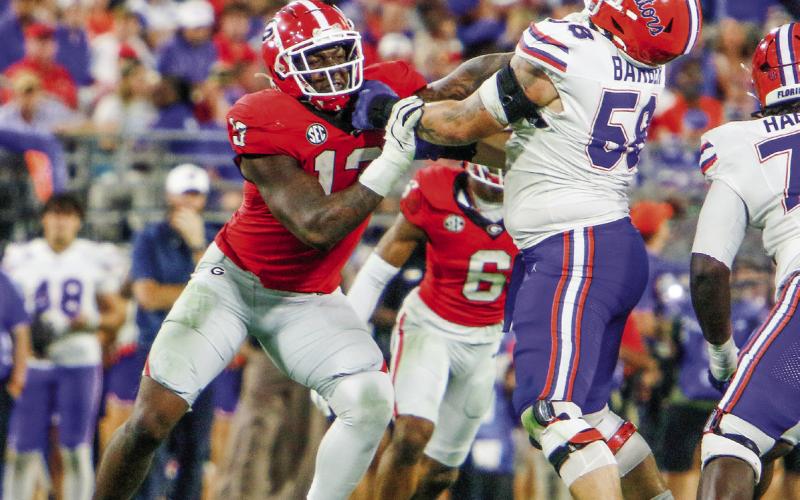 Georgia edge rusher Mykel Williams (13) was a force to be reckoned with, helping the Bulldog defense to hold Florida to 115 yards rushing this past Saturday. COURTESY OF UGA ATHLETICS