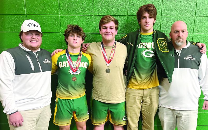 L-R: Gatewood assistant coach Connor Richards with wrestlers Jackson Hewatt, Tyler Middleton, Gage Rainey, and head coach Tyler VanDusen. IAN TOCHER/Staff