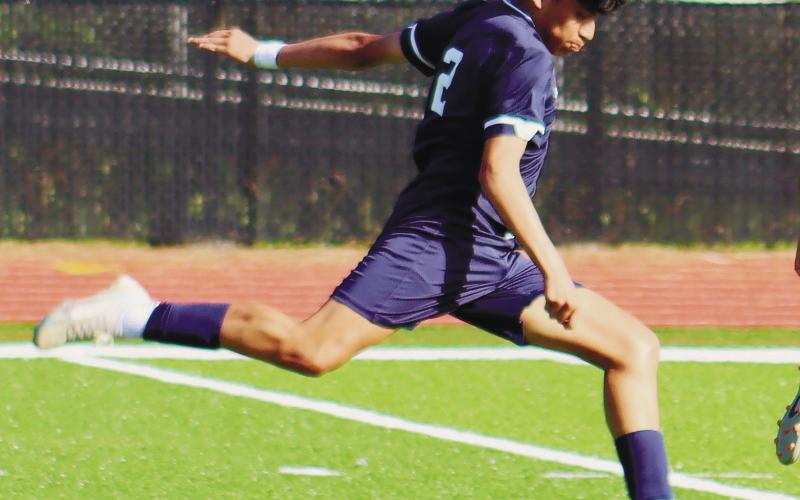Putnam County’s Bryan Canales (2) takes a shot on goal. ARELLA CASH/Staff