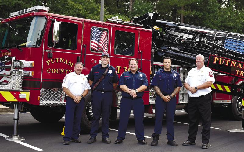 At right are, from left, Putnam County Battalion Chief Clifford Collins, firefighters James Mashburn, Garett Anderson and Quenten Dalton, and Fire Chief Thomas McClain.