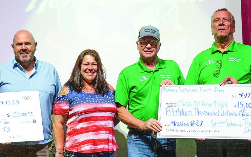 L-R: Conyers Honor Flight representatives Delores Thrash and Tony Wilson join VFW Thrift Store Manager Nikki Barker on The Plaza stage with Roger Jennings, Bob Long, and Randy Fabricius of Middle Georgia Honor Flight as they receive donations for Honor Flights scheduled later this year. CONTRIBUTED