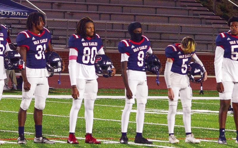 Putnam County High School seniors on the War Eagles team lined up and acknowledged the fans last Friday on PCHS Seniors Night at Al Reaves Field in Eatonton. IAN TOCHER/Staff