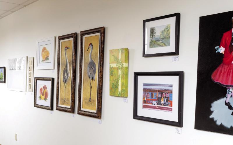 A variety of artwork hangs on the wall at Festival Hall in Greensboro and will remain on display for the next nine months. LEIGH LOFGREN/Staff