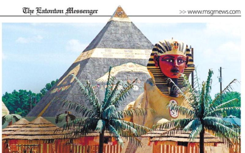 One of two large pyramids on the Putnam County property owned by Dwight York and his Nuwaubian Nation of Moors, fronted by a Sphinx-inspired monument, with all made of pressboard and painted stucco. CONTRIBUTED