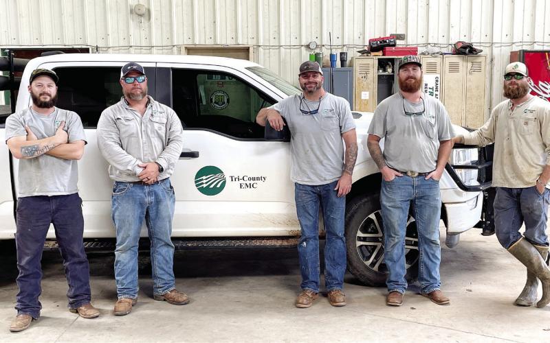 A Tri-County EMC crew from Eatonton heads out to Lyons County to assist with power recovery efforts there. CONTRIBUTED