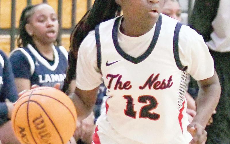 Putnam County junior shooting guard Eryiana Little gets set to dribble the ball into the paint against Lamar County on Jan. 28. IAN TOCHER/STAFF
