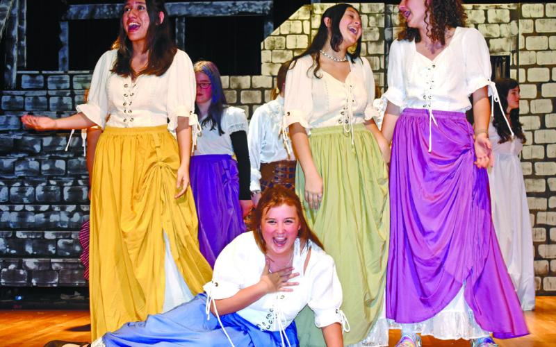 L to R: Daniela Carrasco-Portillo, Addison Hutsell, Gabriella Rhyne, and Joelyn Madden, play villagers fawning over Gaston.