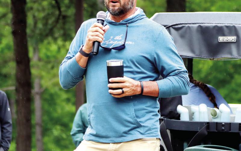 Former PGA golfer and Gatewood graduate Blake Adams shares a devotion before the start of the tournament.  (LANCE MCCURLEY/Staff)