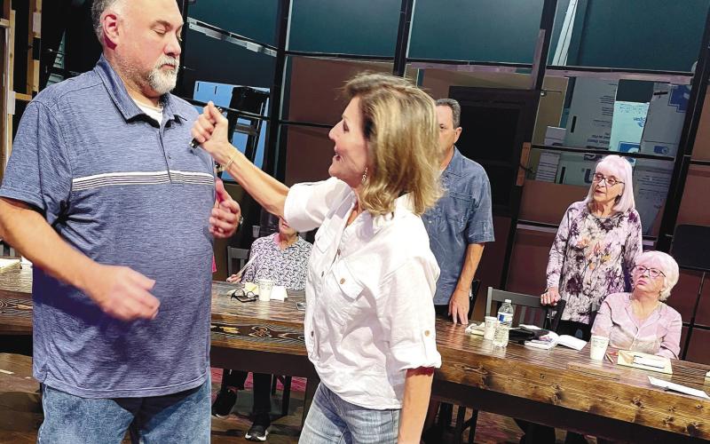 Not only spoken lines but detailed actions must be repeatedly rehearsed by actors getting ready to present 12 Angry Jurors on The Plaza stage in Eatonton. CONTRIBUTED
