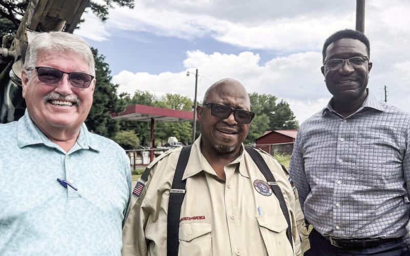 L-R: Cub Scout Pack leader David Skinner, Scoutmaster Willie F. Thompkins of Scout Troop 132, and Garrett Williams, Scout Executive and CEO of the Central Georgia Council Scouting America, met recently in Eatonton to discuss the Golden Eagle Awards event and fundraiser scheduled for Aug. 28 at Barrel 118 in Eatonton. CONTRIBUTED