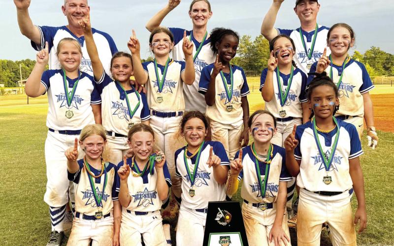 Putnam County 10U Girls State Champions include (front row, l-r): Ally Stancil, Maycie Crawford, Evie Milbrath, Anna Heberling, and Zoiey Dennis; (middle row, l-r): Kamille Thrift, Breanna Moore, Jessi Mashburn, K’Leigh Jones, Nora Dodd, and Henleigh Rios, with coaches Jonathon Chambers, Dena Stancil, and Chad Crawford. (CONTRIBUTED)