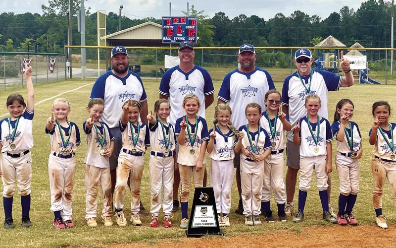 Putnam County 8U Girls State Champions include (l-r): Mina Moon, Selah Pickens, Kaylea Johnson, Baylee-Jean Raybon, Aubrey Diaz, Rayna Harper, Caroline Daniel, Aspen Mitchell, Brooklyn Mitchell, Paisley Neese, Victoria Tippens, and Raina Coxwell, with coaches Anthony Mitchell, Kevin Neese, Clyde Harper, and Danny Peterson.  (CONTRIBUTED)