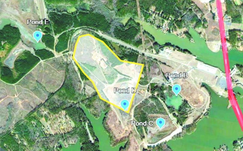 2021 Google Map image of the Plant Branch site in Putnam County. Ponds B, C, D &amp;amp; E contain coal ash, according to a Georgia Power survey map. The utility says that Pond A has already been closed. CONTRIBUTED