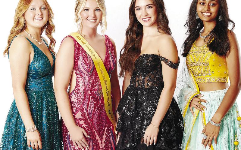 Dairy Festival Queen court (L-R): Second runner-up Emma Jo Parham; 2023 Dairy Festival Queen Lily Grace Huskins; First runner-up Grace Stanford; and Miss Congeniality Vidhi Raiyani. MARK TURNER/Contributed
