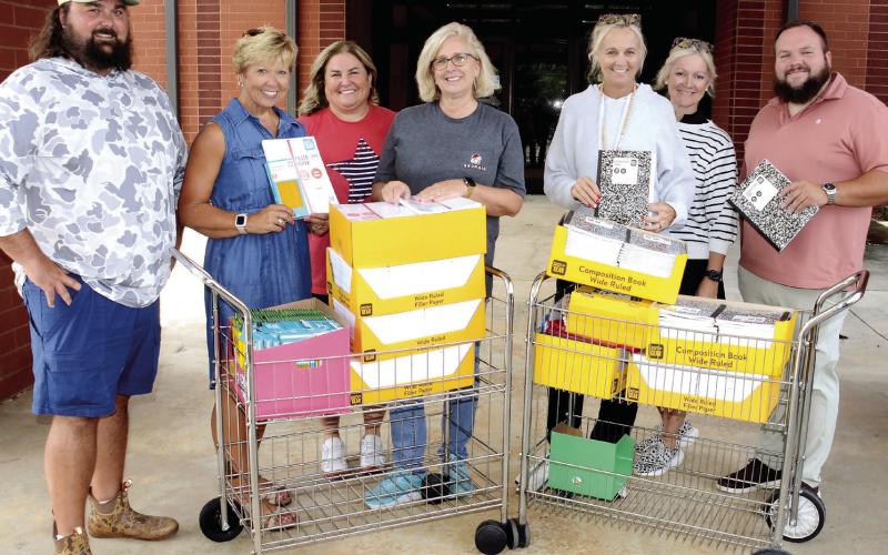 L-R: AJ Nugent and Diane Carter of Leadership Putnam are joined by Putnam County Elementary School Principal Whitney Smith, Assistant Principal Joy Williamson, Counselor Hollie Haley, Academic Coach Trista Hooten-Wilson, and LP President Justin Hadden. CONTRIBUTED