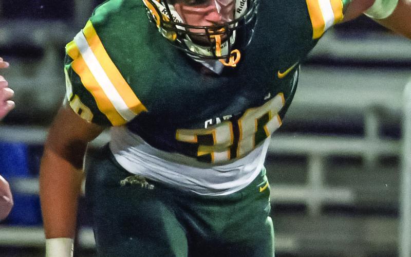 Gatewood lineman Sawyer Adkinson (30) had a strong showing for Gatewood on both sides of the ball against Brentwood, earning him Player of the Week honors from head coach Jeff Ratliff. IAN TOCHER/Staff