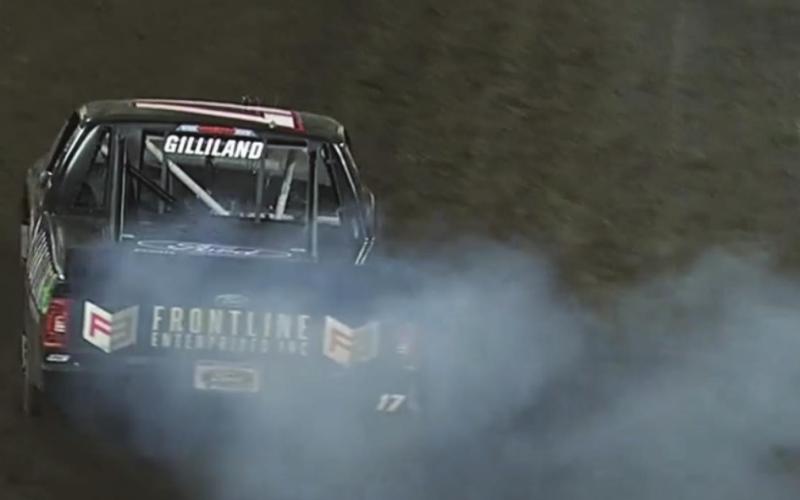 Todd Gilliland celebrates with a burnout after winning Saturday’s Truck Series Clean Harbors 150 at Knoxville (IA) Raceway. (Getty Images)