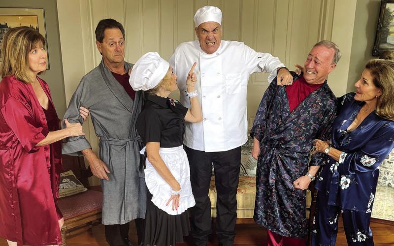 L-R: Michele Saarela, Lou Benjamin, Beth Mappes, Art Shutt, Michael Homeier, and Dianne Shinneman carry the entire acting load in PAPA’s production of “Don’t Dress for Dinner” later this month at The Plaza Arts Center in Eatonton. CONTRIBUTED