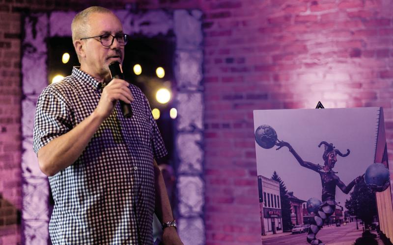 In a presentation at Barrel 118 on Friday night, Kevin Tomson-Hooper introduced four new artworks to the Eatonton Sculpture Trail, including “Delicate Balance,” which has been installed outside The Artisans Village Gallery on West Marion Street. IAN TOCHER/Staff