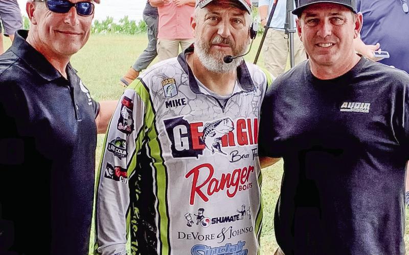 WJVA founder Frank Adkinson (left) and Mike Tarrer (center) of Georgia Bass Trail – which organizes many of the fishing tournaments held on Lake Oconee and Lake Sinclair – with Jeff Giese, who was part of the second-place team. CONTRIBUTED