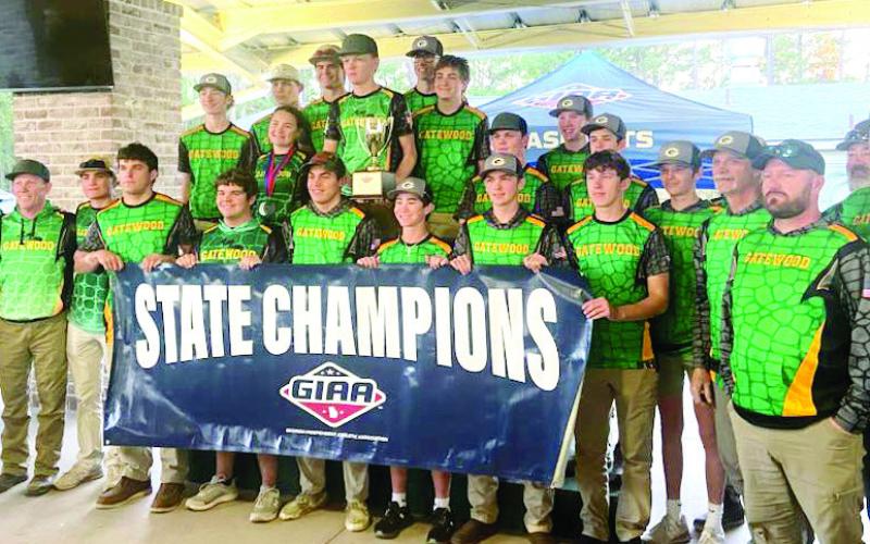 The 2025 State Champion Gatewood shotgun team was led by head coach Jacob Fried (far left), with help from Jason Cheek, Kevin Courchaine, Keith Davis, Jake Hill, Rich Lingle, Brandon Pierce, Walt Rocker, and John Wojtas. CONTRIBUTED