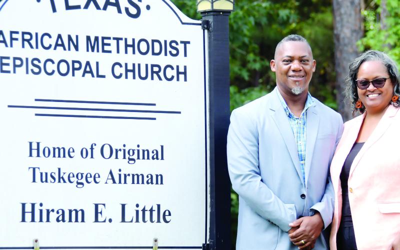 Grady and Simone Jones, pastor at Texas AME Church, were instrumental in helping make the soon-to-be revealed bronze statue of Tuskegee Airman Hiram Little a reality for Eatonton. An open-to-the-public unveiling ceremony is scheduled for 11 a.m. Sept. 30 at the Veterans Wall of Honor Park alongside East Marion Street, near The Hut. IAN TOCHER/Staff