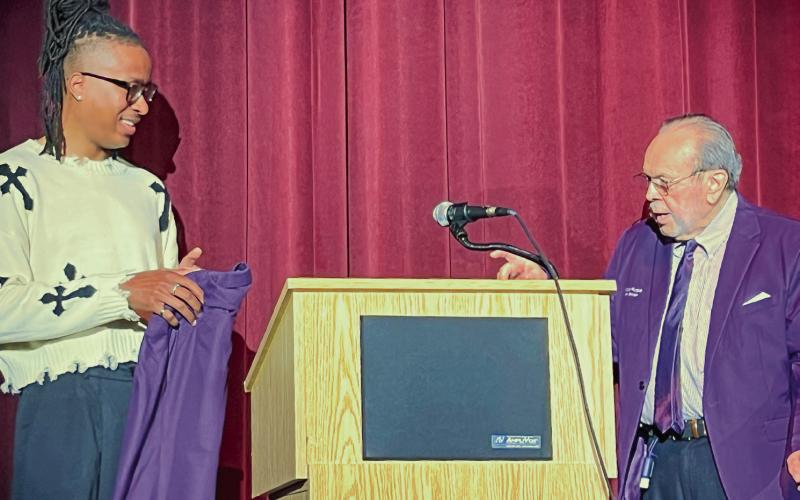Rashawd Ford, the 21-year-old director of “The Color Purple” received a jacket with a donation in the pocket to support Ford’s production going on the road this summer. Interested benefactors can scan the QR code above to donate to the cause, too. IAN TOCHER/Staff