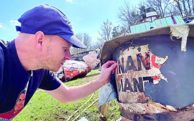 At Mark Cline’s shop in Virginia, Joel Baker discovered the captain’s hat is a cut up of the cowboy hat. The word “Mr Finance Giant” was on the captain’s hat and under that was the original Phillips 66 logo.