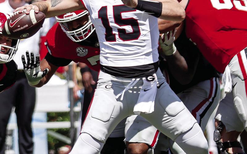 Carson Beck (15) during Georgia's spring game at Sanford Stadium in Athens April 13. (MADISON KEEL/UGA Athletics)