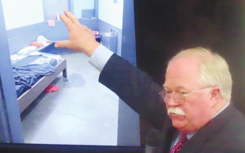 During rebuttal testimony, Putnam County Sheriff Howard Sills shows Dubose’s jail cell at the Putnam jail, revealing that, in spite of the unmade bed, Dubose is neat and well organized. COURT POOL COVERAGE