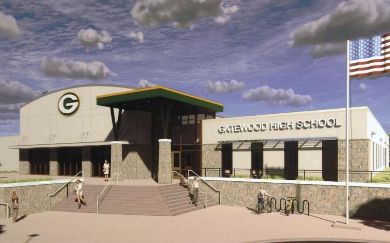 An artist’s rendering of the coming Gatewood High School illustrates its single-story design, highlighted by a tall, central auditorium. CONTRIBUTED
