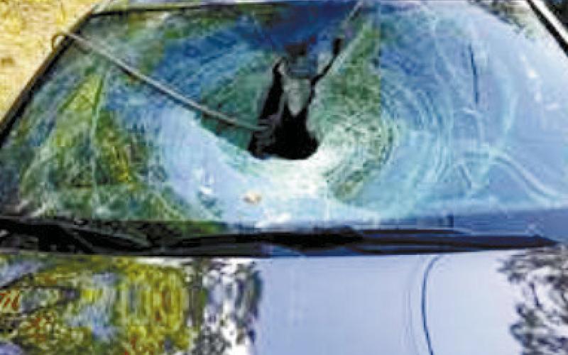 The insulator of a downed power line dangles through the windshield of a car on Long Shoals Road last week. PHOTO CONTRIBUTED