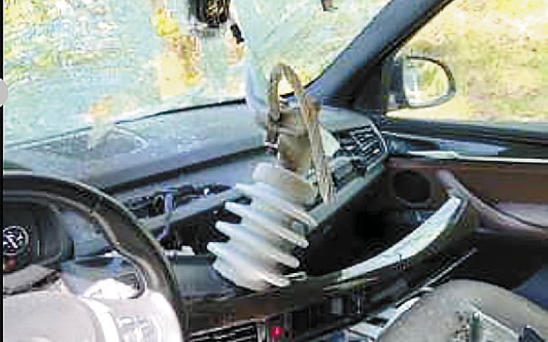 The insulator of a downed power line dangles through the windshield of a car on Long Shoals Road last week. PHOTO CONTRIBUTED