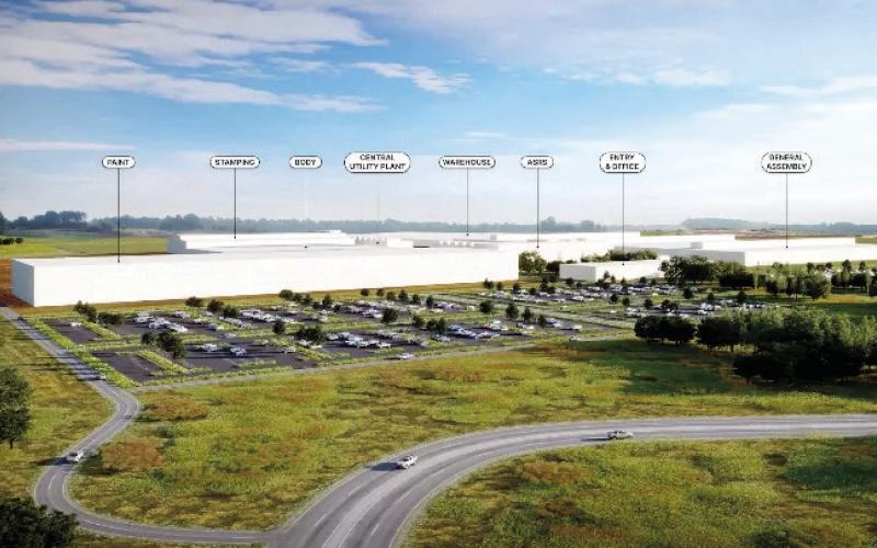 This rendering shows part of the sprawling campus Rivian intends to build at Stanton Springs North along the Morgan-Newton county line. FILE PHOTO