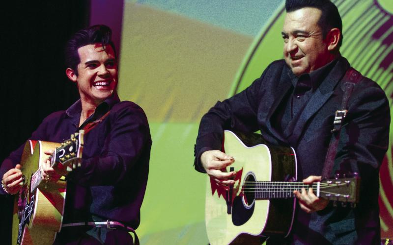 Riley Jenkins as Elvis Pressley (left) and Neil Morrow as Johnny Cash made up half of the quartet presenting “One Night in Memphis” last Thursday night at The Plaza Arts Center in downtown Eatonton. LEIGH LOFGREN/Staff