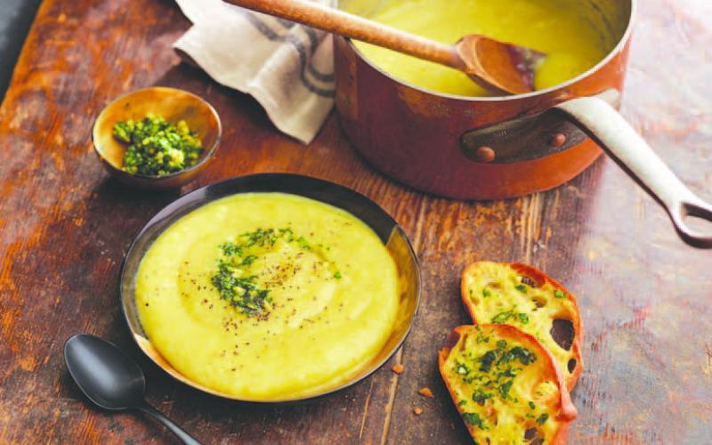 Rustic Tuscan Potato Leek Soup with Olive Oil Pesto