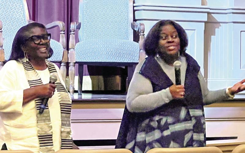 Cheryl Mashack (left) and Cathi Rowe, relatives of artist Nellie Mae Rowe and both involved with the Judith Alexander Foundation, addressed several questions from film goers at The Plaza Arts Center. IAN TOCHER/Staff