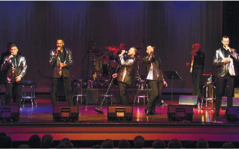 The Doo Wop Project featured vocalists (l-r): John Michael Dias, Charl Brown, Russell Fischer, Dominic Nol_, and bass singer Alex, “from Milwaukee.”