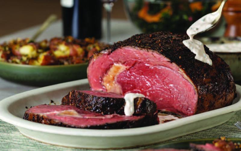 Pepper-Crusted Prime Rib with Creamy Horseradish Sauce and Crushed Potatoes