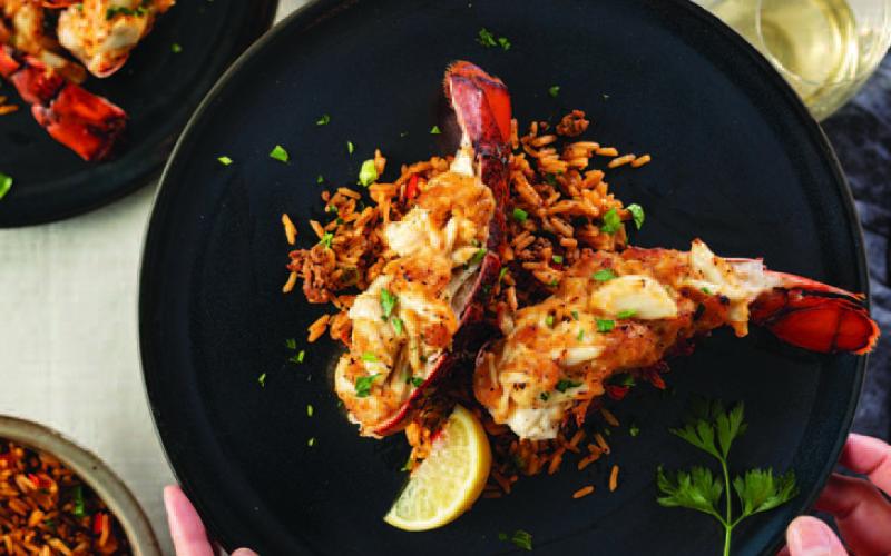 Crab Stuffed Lobster Tails with Dirty Rice