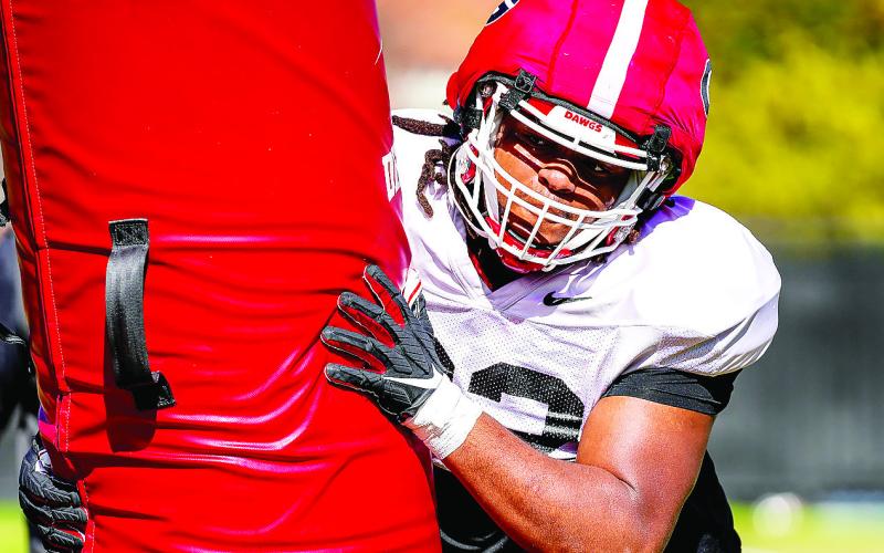 Freshman Jordan Thomas (92) is a Georgia defensive lineman to watch in Saturday’s scrimmage. COURTESY OF UGA ATHLETICS