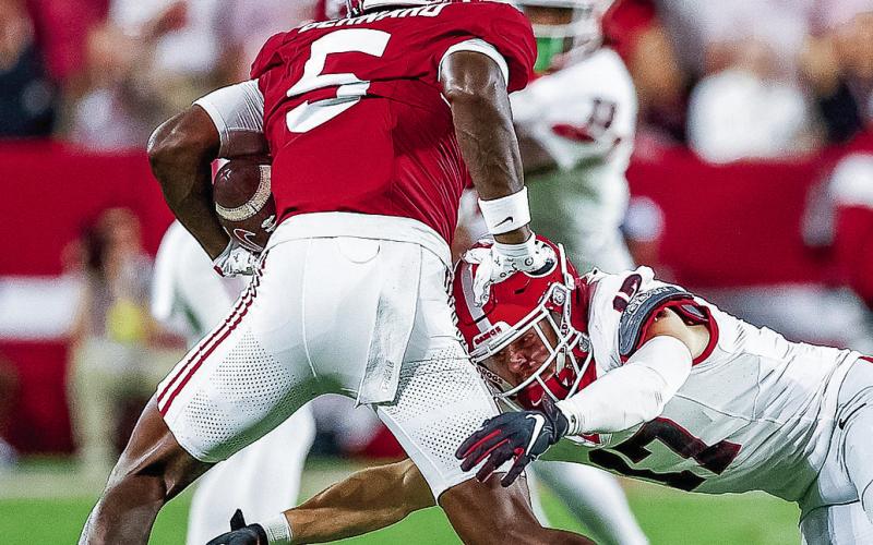 Alabama wide receiver Germie Bernard (5) leads the offense in receptions (15), receiving yards (275), and touchdowns (3). UGA ATHLETICS