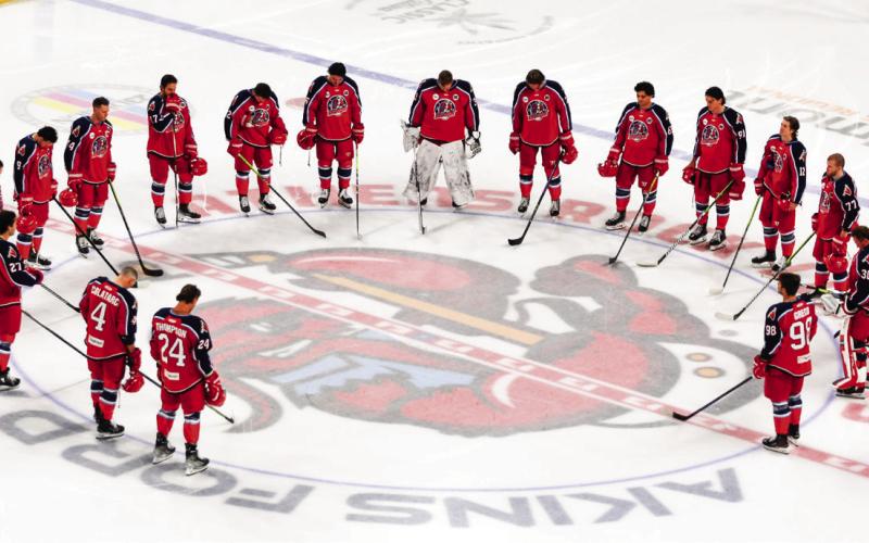 Before the Rock Lobsters’ home opener Oct. 25, the team observed a moment of silence in honor of Orca Wiesblatt, a teammate killed one month earlier in a car accident in Canada. IAN TOCHER/Staff