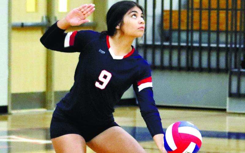 Leslya Arriola (9) gets ready to set up a serve.