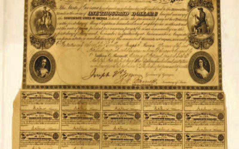 A pane featuring a sheet of coupons for Georgia’s share of bonds sold to investors during the Confederate war effort. RUFUS ADAIR/Staff