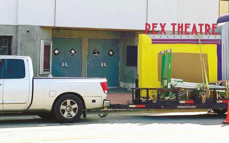 The new Pex Theatre sign, pictured still on a trailer before its installation, was put up April 12. JOSH LURIE/Staff